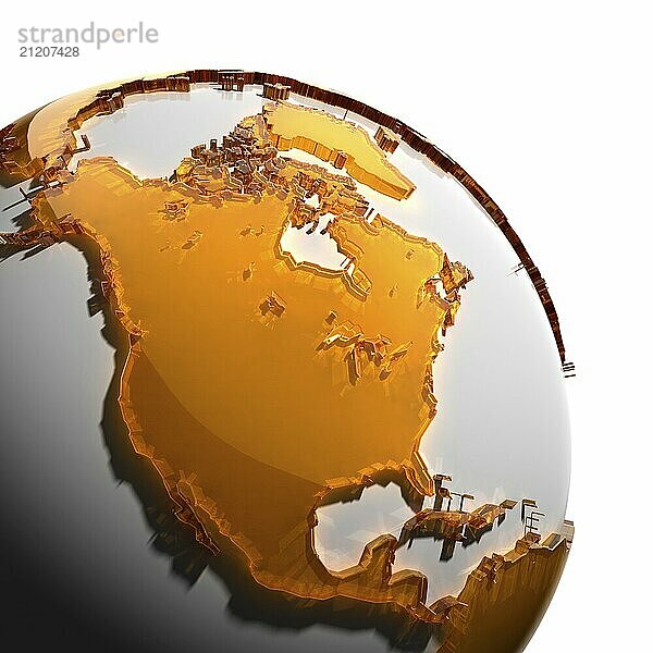 Ein Fragment der Weltkugel mit den Kontinenten aus dickem facettiertem Braunglas  das auf hartes Licht fällt und einen ätzenden Glanz auf Gesichtern erzeugt. vor weißem Hintergrund