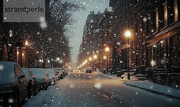 Eine verschneite Straße mit Autos auf der Seite geparkt und Straßenlaternen beleuchten die Szene. Szene ist friedlich und heiter  wie der Schnee den Boden bedeckt und die Straßenlaternen schaffen ein warmes Licht AI erzeugt  KI generiert