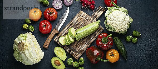 Frische verschiedene Gemüse  schneiden Zucchini auf hölzernen Schneidebrett und Messer auf rustikalen dunklen Hintergrund Draufsicht. Kochen vegetarische Mahlzeit aus gesunden Zutaten  Diät Lebensmittel und Ernährung Konzept  Lebensmittel Fotografie  food photography  food photography