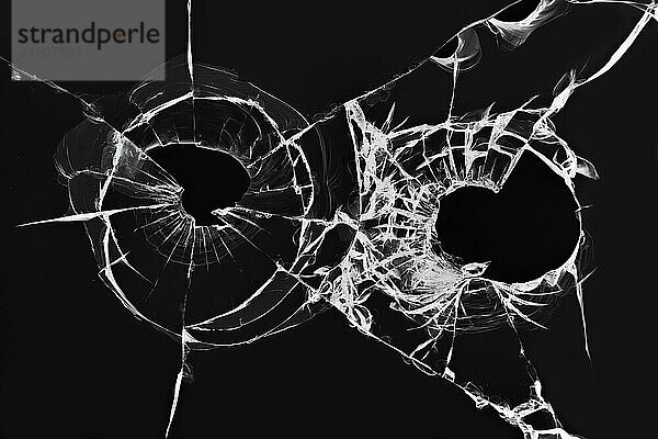 The effect of broken glass from a shot. Illustration of holes from pistol bullets in the windshield of a car on a black background