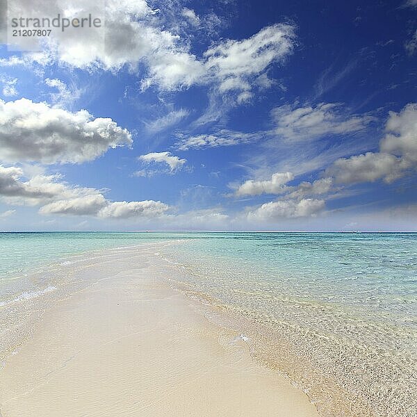 Beautiful landscape with white sandy sea spit beach leading into a warm tropical ocean