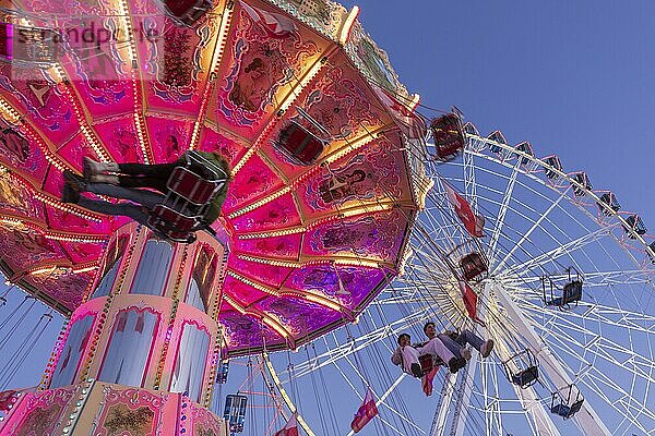 Beleuchtetes Kettenkarussell und Riesenrad bei Nacht mit fröhlichen Menschen  Jahrmarkt  Wellenflug  Cannstadter Volksfest  Stuttgart-Bad Cannstsdt  Baden-Württemberg