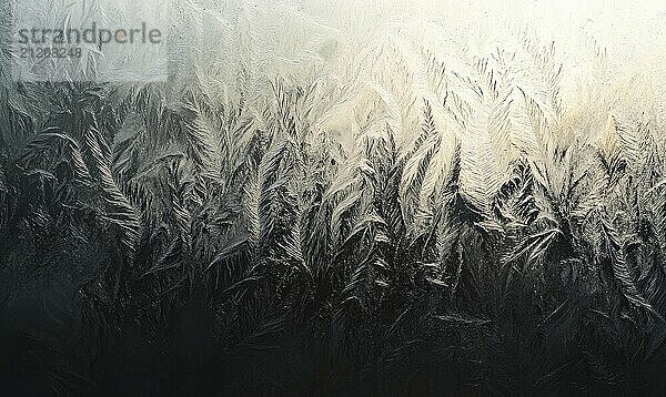 A frosty window with a black and white background. The window is covered in ice and snow  giving it a cold and eerie appearance. The black and white color scheme adds to the overall mood of the image AI generated