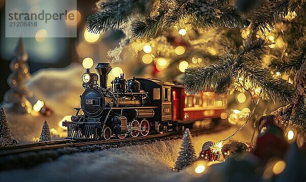 Ein Zug fährt auf einem Gleis neben einem Weihnachtsbaum. Der Zug ist mit Lichtern geschmückt und er ist eine Modelleisenbahn. Die Szene ist festlich und fröhlich  evoziert ein Gefühl der Urlaubsstimmung AI erzeugt  KI generiert