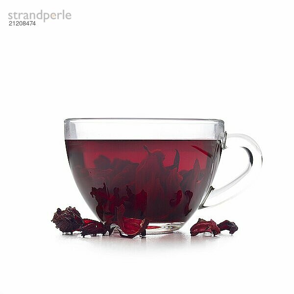 Hibiscus Tea cup with petals aside isolated on white background