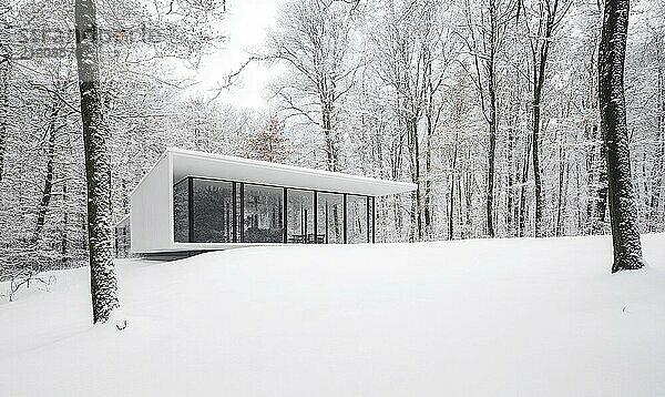 Ein weißes Haus mit einem schwarzen Dach steht in einem verschneiten Feld. Das Haus ist von Bäumen umgeben und der Schnee ist um es herum aufgetürmt. Die Szene ist friedlich und heiter  mit dem Schnee ein Gefühl der Ruhe KI erzeugt  KI generiert