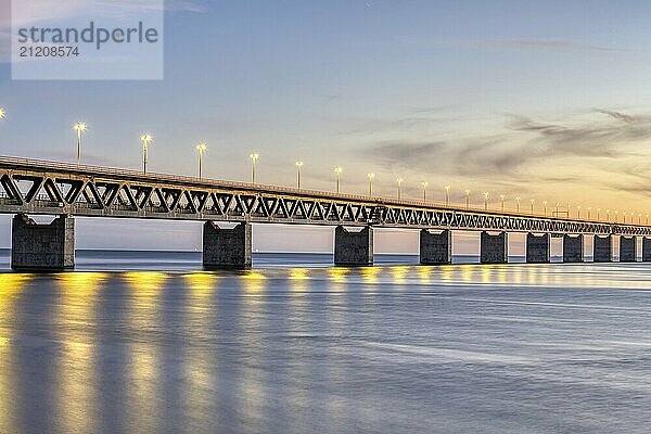 Part of the famous Öresund Bridge between Denmark and Sweden after sunset