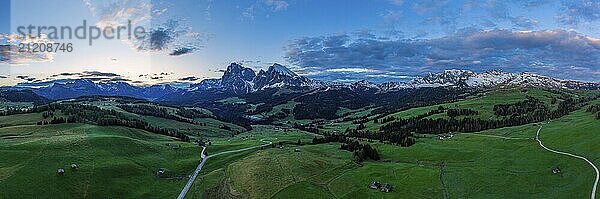 Panoramic view from the Seiser Alm to the Dolomites in Italy  drone shot