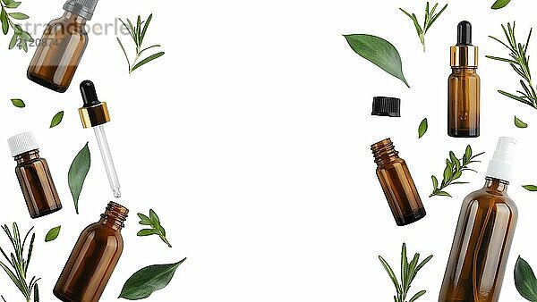 Dropper and spray bottles with oil and herbs isolated on white background flat lay view with copy space. Herbal cosmetics concept