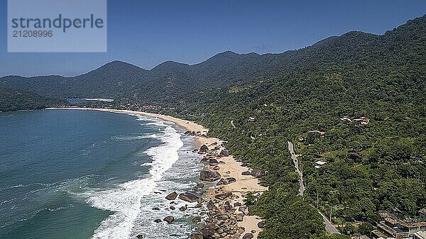 Aerial view to wonderful Green Coast shoreline and mountains covered with Atlantic Forest  Picinguaba  Brazil  South America