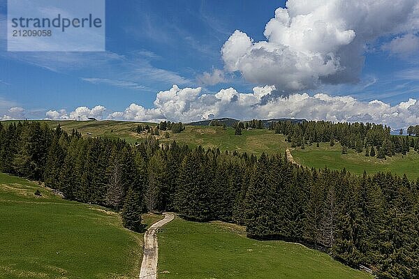 Panoramic view from the Seiser Alm to the Dolomites in Italy  drone shot