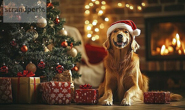 Ein Hund sitzt vor einem Weihnachtsbaum und trägt eine Weihnachtsmannmütze. Die Szene ist festlich und fröhlich  wobei der Hund glücklich und zufrieden aussieht  KI generiert