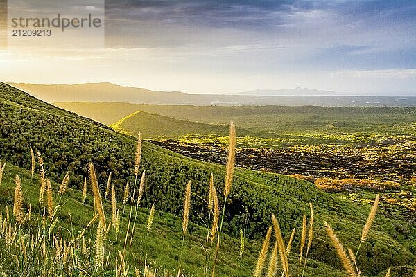 Masaya Volcano National Park Nicaragua: view on nature and landscape during sunset  in this area with an active volcano