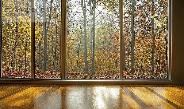 View from the large window on misty autumn landscape AI generated