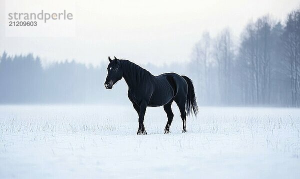 Ein schwarzes Pferd steht auf einem verschneiten Feld. Das Bild hat eine heitere und friedliche Stimmung  da das Pferd allein in der weiten  weißen Landschaft steht  die KI erzeugt  KI generiert