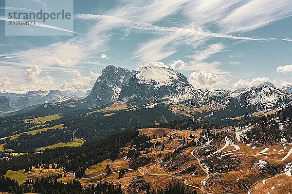 Panoramic view from the Seiser Alm to the Dolomites in Italy  drone shot