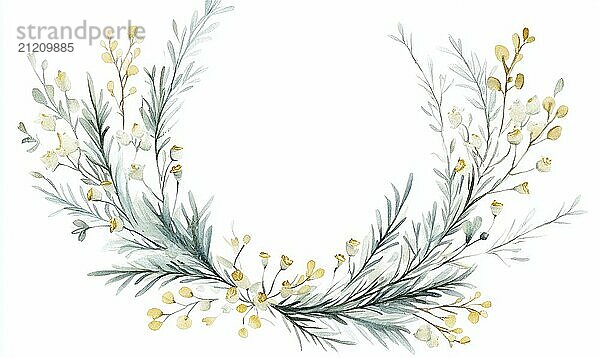 A watercolor painting of a wreath of flowers with a white background. The flowers are in various shades of green and yellow  and the overall effect is calming and serene AI generated