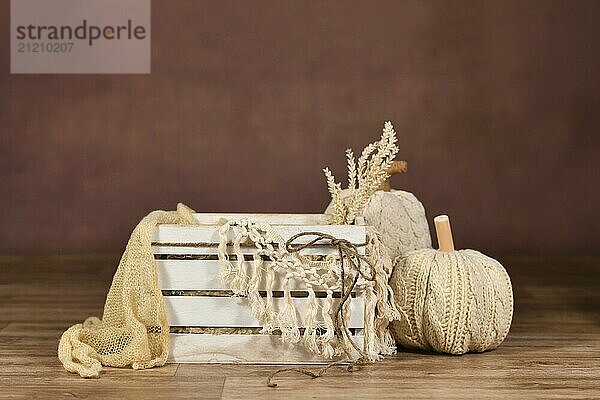 Newborn digital backdrop with empty white wooden box with pumpkin and on brown background