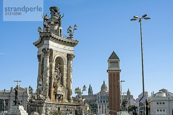 Plaza De Espana in Barcelona with the palace of Montjuic in the background