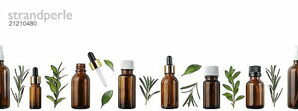 Horizontal seamless flat lay background of dropper and spray bottles with oil and herbs isolated on white banner with copy space. Herbal cosmetics concept