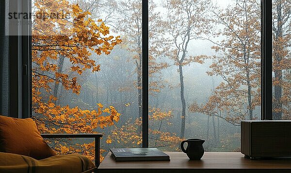 Minimalistisches Wohnzimmer  Glasfenster mit Blick auf einen nebligen Herbsttag draußen AI generiert  KI generiert