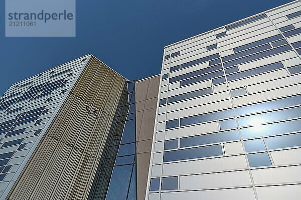 Modern building with many windows and a bright blue sky  Sandnes  Fylke Rogaland  Norway  Europe