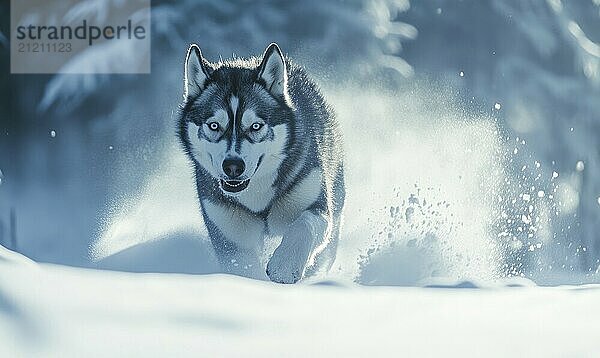 Ein Hund rennt mit offenem Maul durch den Schnee. Der Hund scheint glücklich und energiegeladen zu sein  AI erzeugt  KI generiert