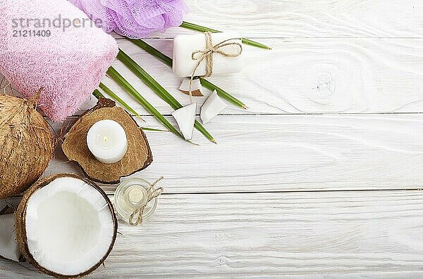 Body care Coconut oil soap and candle set on white table