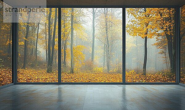 View from the large window on misty autumn landscape AI generated