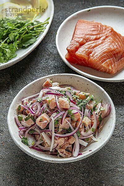 Food  Food  CHILEAN SALMON CEVICHE. Fresh raw salmon marinaded with purple onion  coriander in lemon juice. Sebiche and ingredientes on gray background. Top view