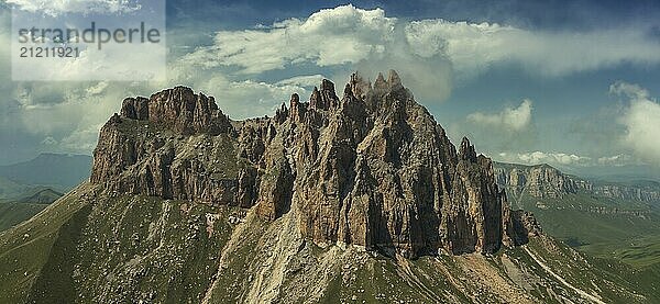 Aerial view on Mother-in-law teeth mountain with fantastic cliffs in Kabardino-Balkaria  Caucasus  Russia  Europe