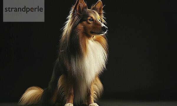 A Sheltie sitting calmly in a studio with a black background AI generated