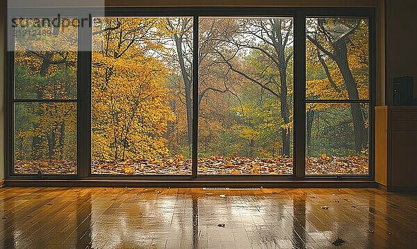 View from the large window on misty autumn landscape AI generated