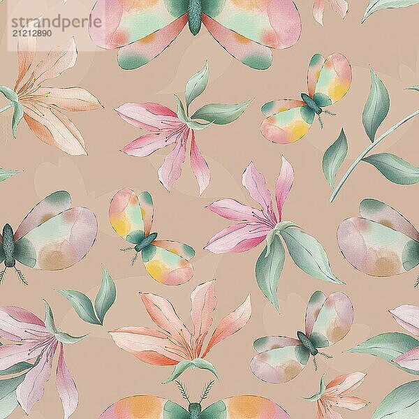 Magnolia flowers and moths on pink background watercolor painting  seamless repeat pattern