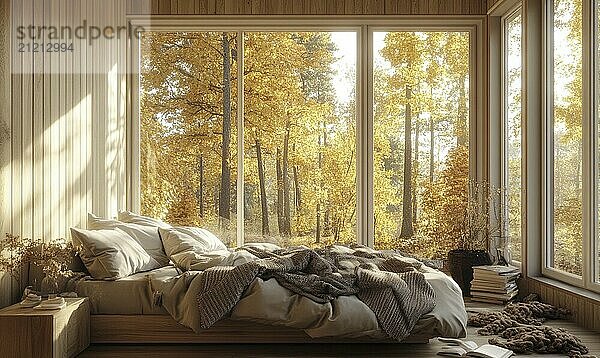 Warm Scandinavian bedroom  light wood bed  cozy blankets  large windows AI generated