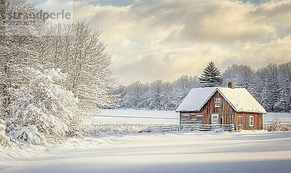 Eine kleine Hütte im Wald ist mit Schnee bedeckt. Die Hütte ist von Bäumen und einem Feld umgeben. Die Szene ist friedlich und heiter  mit der schneebedeckten Landschaft ein Gefühl der Ruhe und Stille KI erzeugt  KI generiert