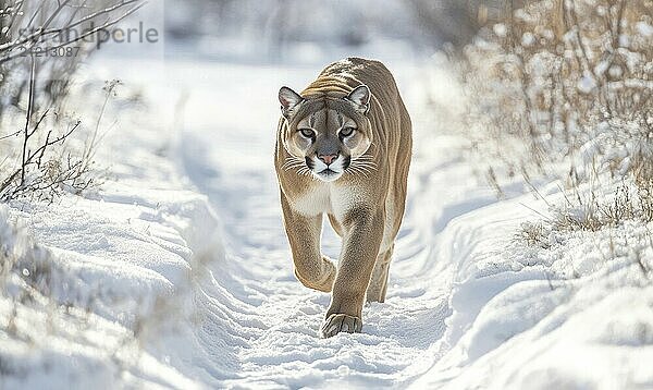 Eine große braune und weiße Katze läuft durch den Schnee. Die Katze läuft auf einem Weg  der mit Schnee bedeckt ist. Das Bild hat eine friedliche und heitere Stimmung KI erzeugt  KI generiert