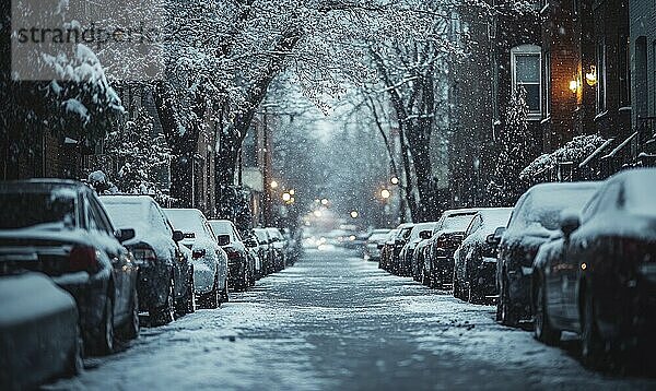 Eine verschneite Straße mit parkenden Autos auf beiden Seiten. Die Straße ist leer und ruhig  ohne daß Menschen zu sehen sind. Die schneebedeckten Autos verleihen der Szene eine friedliche und heitere Atmosphäre AI erzeugt  KI generiert