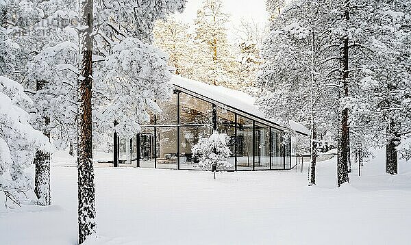 Ein Haus mit einem Glasdach steht in einem verschneiten Wald. Das Haus ist von Bäumen umgeben und der Schnee ist auf dem Boden aufgetürmt. Die Szene ist friedlich und heiter  mit dem Schnee ein Gefühl der Ruhe AI erzeugt  KI generiert