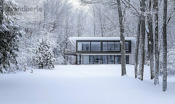 Ein großes schwarzes Haus mit weißem Dach steht auf einem schneebedeckten Feld. Das Haus ist von Bäumen umgeben und der Schnee türmt sich um es herum auf. Die Szene ist friedlich und heiter AI erzeugt  KI generiert