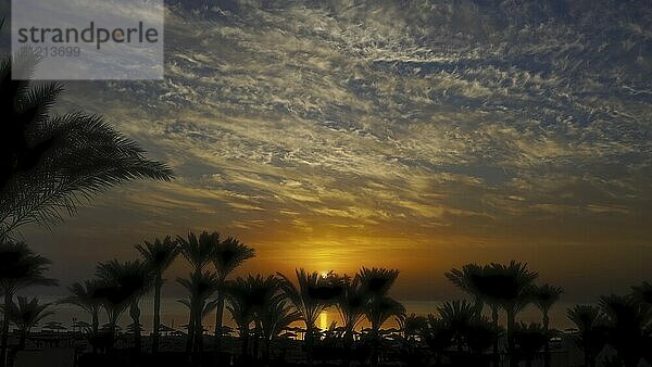 Schöne Landschaft mit Palmen am Strand des Resorts und Sonnenaufgang über dem Meer