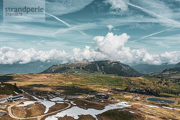 Panoramic view from the Seiser Alm to the Dolomites in Italy  drone shot