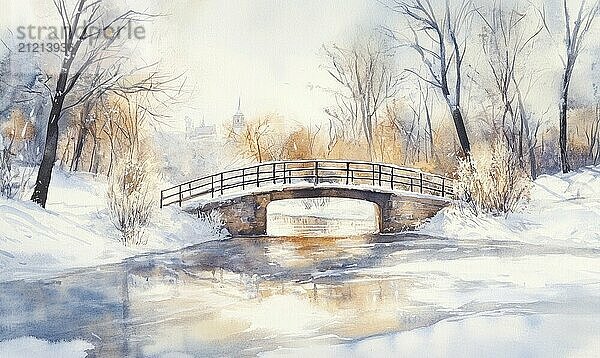 Eine Brücke überspannt einen Fluss im Schnee. Die Brücke ist mit Schnee bedeckt und das Wasser ist gefroren. Die Szene ist friedlich und heiter  mit der Brücke und dem gefrorenen Fluss ein Gefühl der Ruhe KI erzeugt  KI generiert