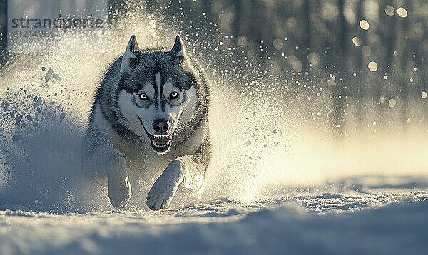 Ein Hund rennt mit offenem Maul durch den Schnee. Der Hund scheint glücklich und aufgeregt zu sein  AI erzeugt  KI generiert