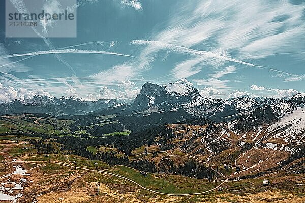 Panoramic view from the Seiser Alm to the Dolomites in Italy  drone shot