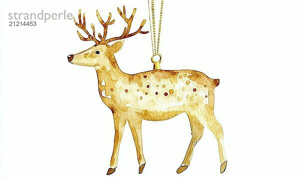 A watercolor painting of a deer with antlers and a gold chain around its neck. The deer is walking on a white background AI generated