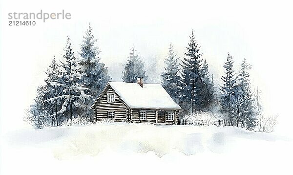 Eine Hütte im Wald mit einem schneebedeckten Dach. Die Hütte ist von Bäumen umgeben und der Schnee ist auf dem Boden aufgetürmt. Die Szene ist friedlich und heiter KI erzeugt  KI generiert