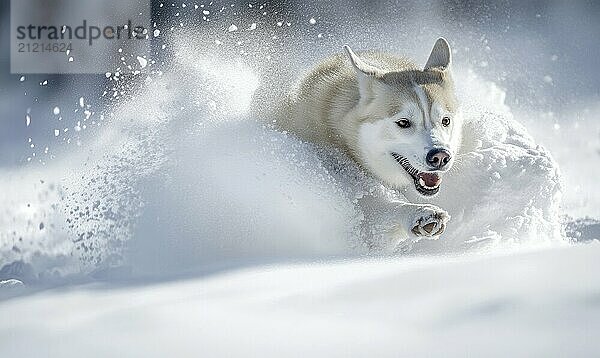 Ein Hund rennt durch den Schnee und hinterlässt eine Spur aus weißem Pulver. Der Hund scheint sich zu amüsieren  während er durch den Schnee läuft  der AI erzeugt  KI generiert