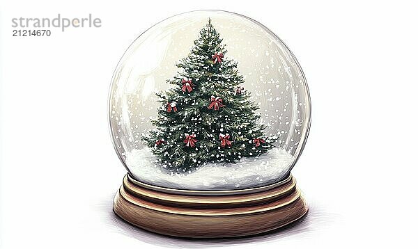 A snow globe with a tree inside it. The tree is decorated with red ribbons and is surrounded by snow. The snow globe is placed on a white background AI generated