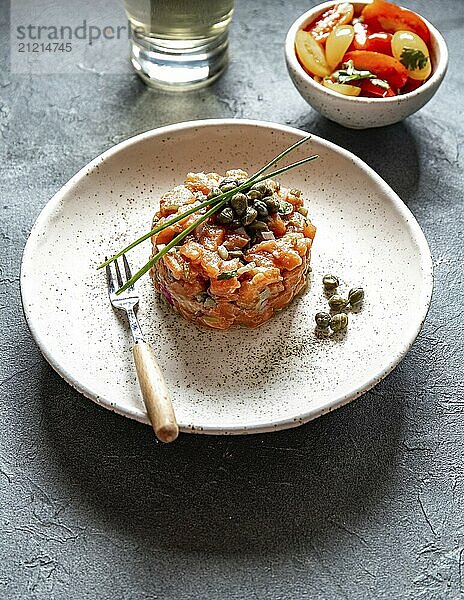 Food  Food  SALMON TARTAR with capers and purple onion on white plate  gray background